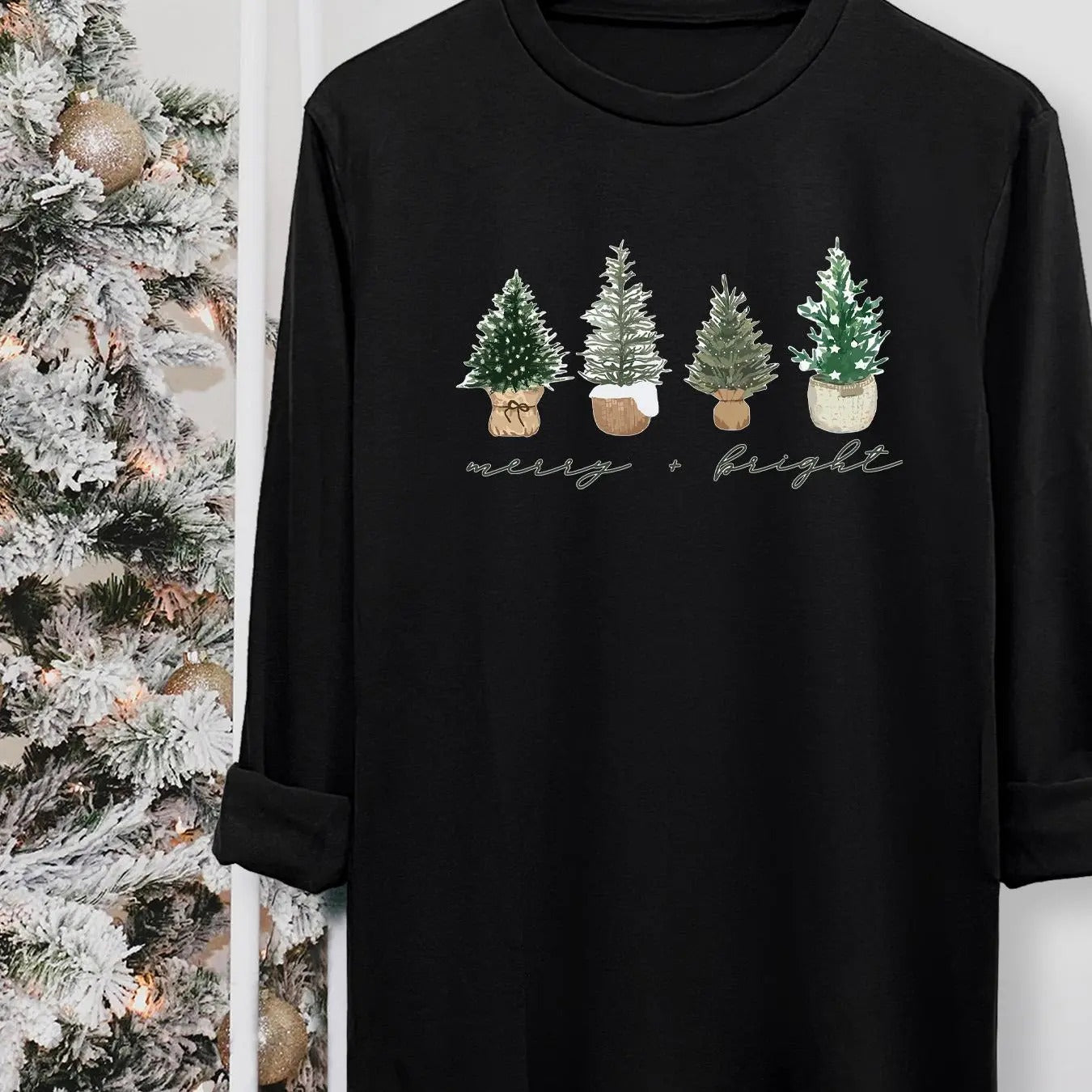 Women's Christmas Tree & Letter Print Round Neck Tee, Casual Long Sleeve Crew Neck T-shirt for Fall & Winter, Women's Top for Daily Wearstyle{n002}4