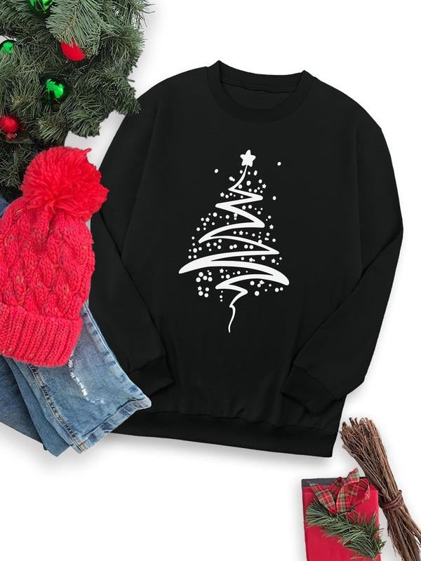 Women's Christmas Tree Print Crew Neck Sweatshirt, Casual Long Sleeve Pullover for Fall & Winter, Women's Clothes for Daily Wear