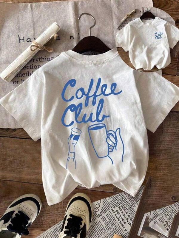 Women's Coffee Club Print Round Neck Tee, Casual Short Sleeve Crew Neck T-shirt for Summer, Fashion Women's Top for Daily Wear