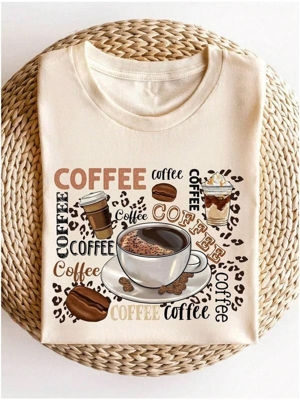 Women's Coffee Print Round Neck Tee, Fashion Casual Crew Neck T-shirt for Daily Holiday Vacation Outdoor Wear, Ladies Clothes for All Seasons