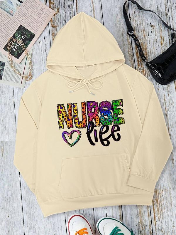Women's Colorful Letter & Heart Print Drop Shoulder Hoodie, Fashion Casual Drawstring Pocket Hooded Sweatshirt for Daily Holiday Outdoor Wear, Women Clothing for Fall & Winter