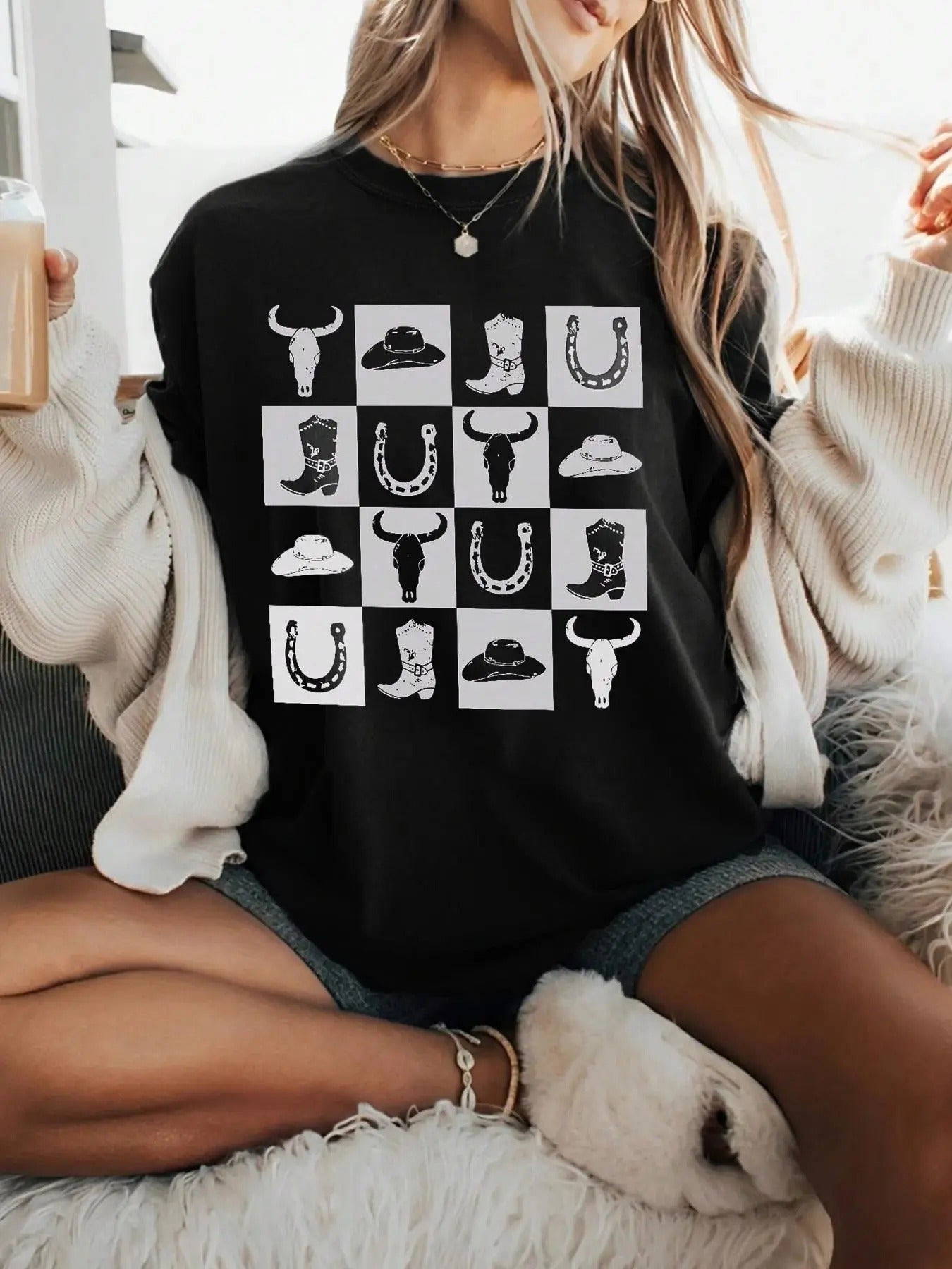 Women's Cowboy Print Round Neck Tee, Fashion Casual Crew Neck T-Shirt for Daily Holiday Vacation Outdoor Wear, Ladies Clothes for Summer