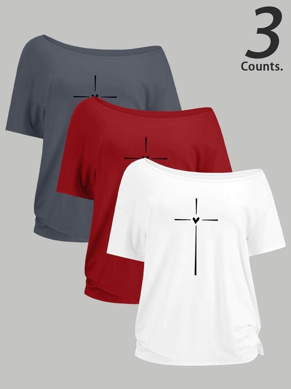 Women's Cross & Heart Print One Shoulder Tee, Casual Fashion One Shoulder Short Sleeve T-shirt for Daily Wear, Ladies Clothes for All Seasons, Top