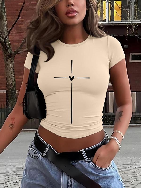 Women's Cross & Heart Print Round Neck Crop Tee, Casual Short Sleeve Crew Neck T-shirt for Daily Wear, Ladies Clothes for All Seasons, Top