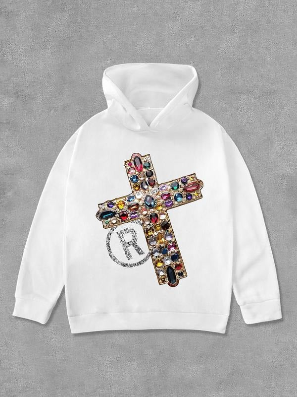 Women's Cross Print Long Sleeve Hoodie, Fashion Casual Hooded Sweatshirt for Daily Holiday Outdoor Wear, Women Clothing for Fall & Winter