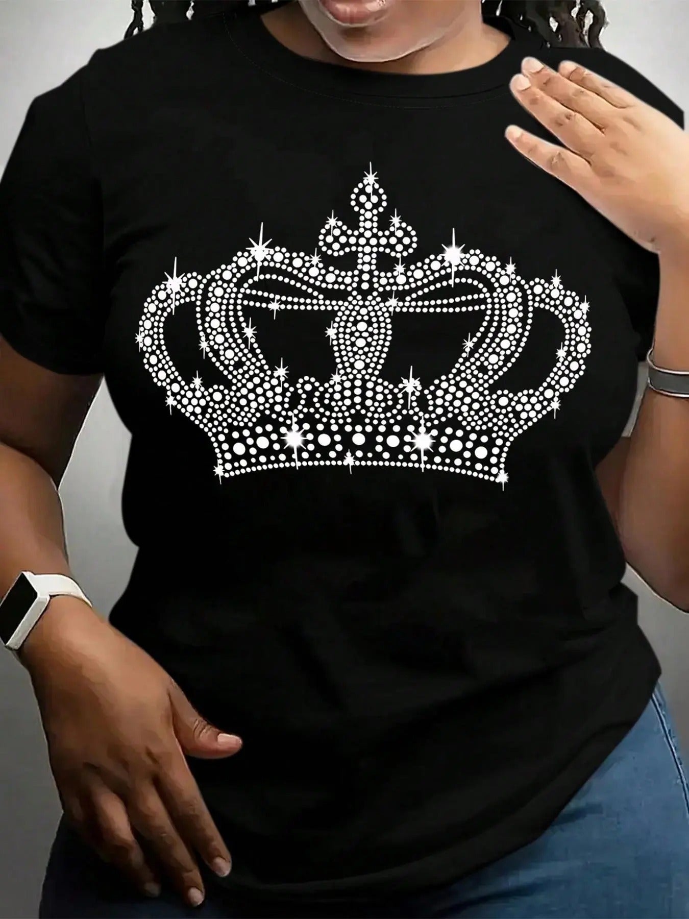 Women's Crown Print Round Neck Tee, Fashion Casual Crew Neck Short Sleeve T-shirt for Daily Holiday Vacation Outdoor Wear, Ladies Clothes for Summer