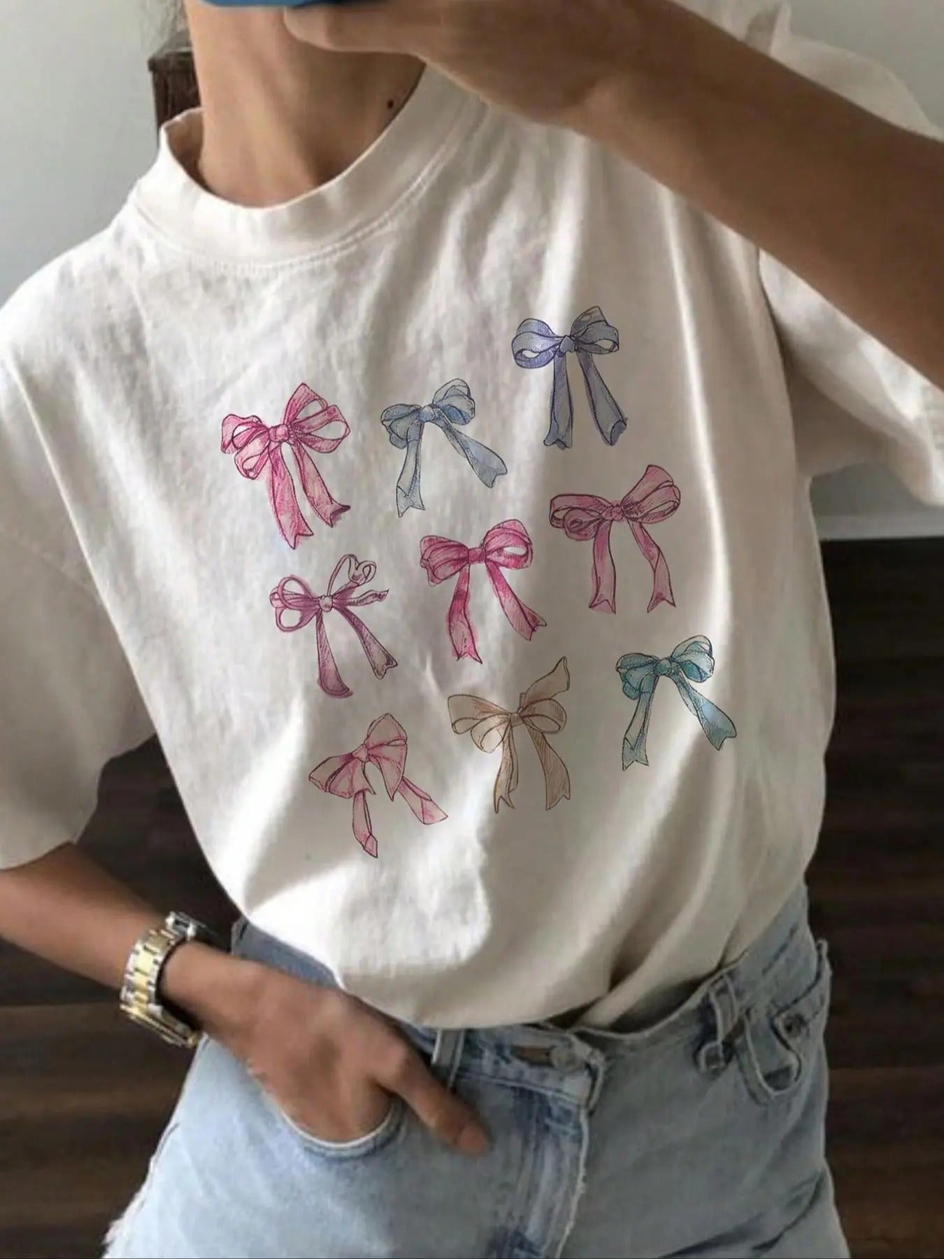 Women's Cute Bow Print Drop Shoulder Tee, Casual Half Sleeve T-shirt for Summer, Fashion Women's Top for Daily Wear...