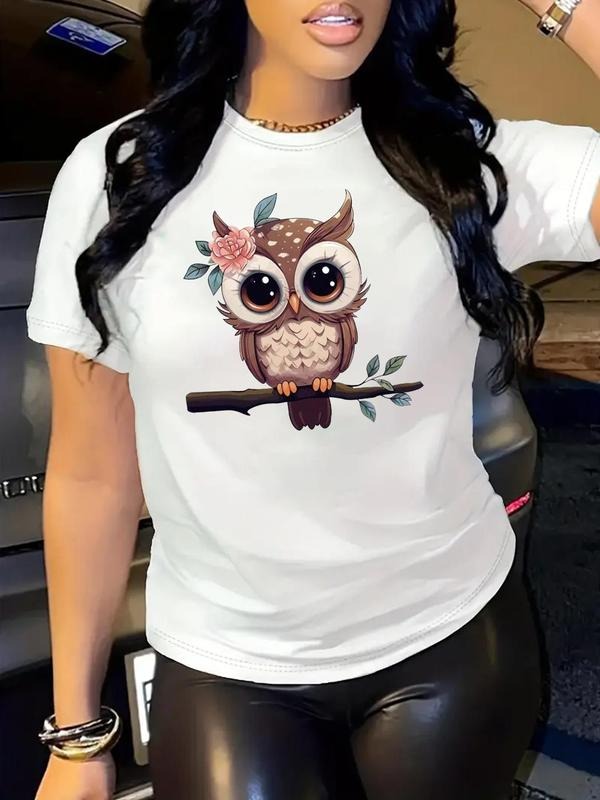 Women's Cute Cartoon Owl Print Round Neck Tee, Fashion Casual Crew Neck Short Sleeve T-Shirt for Daily Holiday Vacation Outdoor Wear, Ladies Clothes for All Seasons