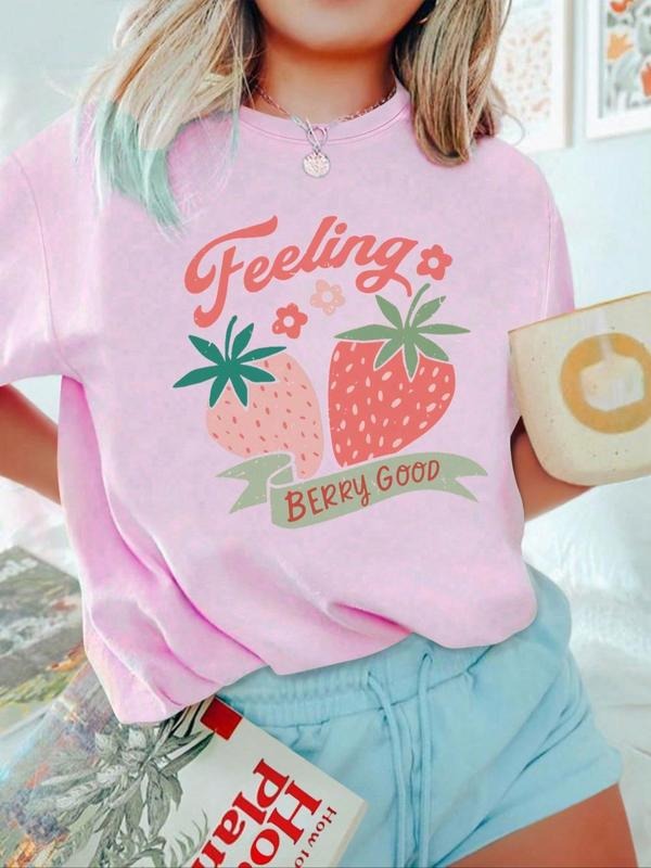 Women's Cute Strawberry & Letter Print Drop Shoulder Tee, Casual Fashion Round Neck Short Sleeve T-shirt for Daily Holiday Vacation Outdoor Wear, Ladies Summer Clothes, Clothing