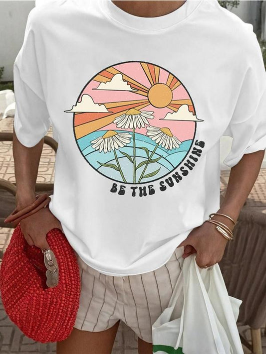 Women's Daisy & Sun Print Round Neck Tee, Trendy Casual Crew Neck T-shirt for Daily Wear, Ladies Summer, Top