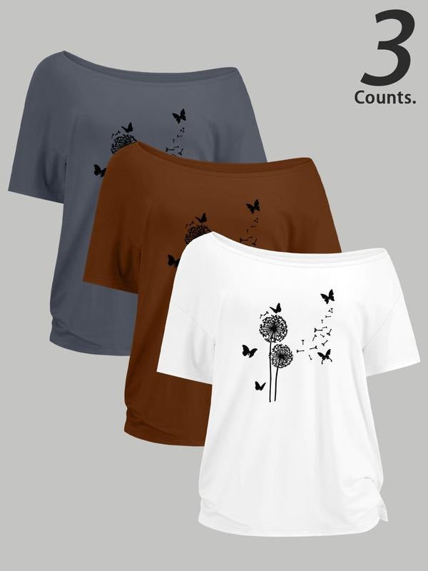 Women's Dandelion & Butterfly Print One Shoulder Tee, Casual One Shoulder Short Sleeve T-shirt for Daily Wear, Ladies Clothes for All Seasons