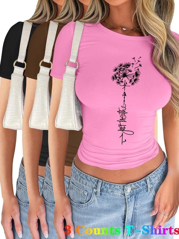 Women's Dandelion & Letter Print Short Sleeve Tee, Casual Round Neck T-shirt for Summer, Ladies Clothes for Daily Wear, Top