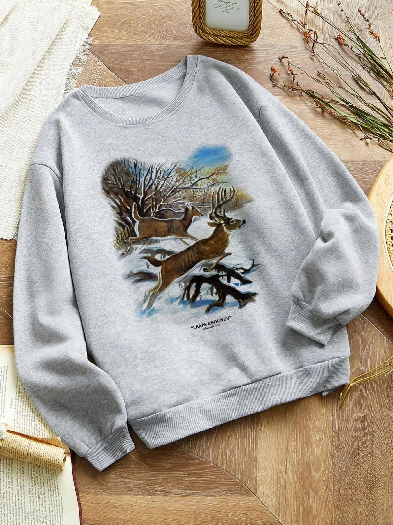 Women's Deer Print Crew Neck Sweatshirt, Casual Long Sleeve Pullover for Daily Wear, Ladies Clothes for All Seasons...