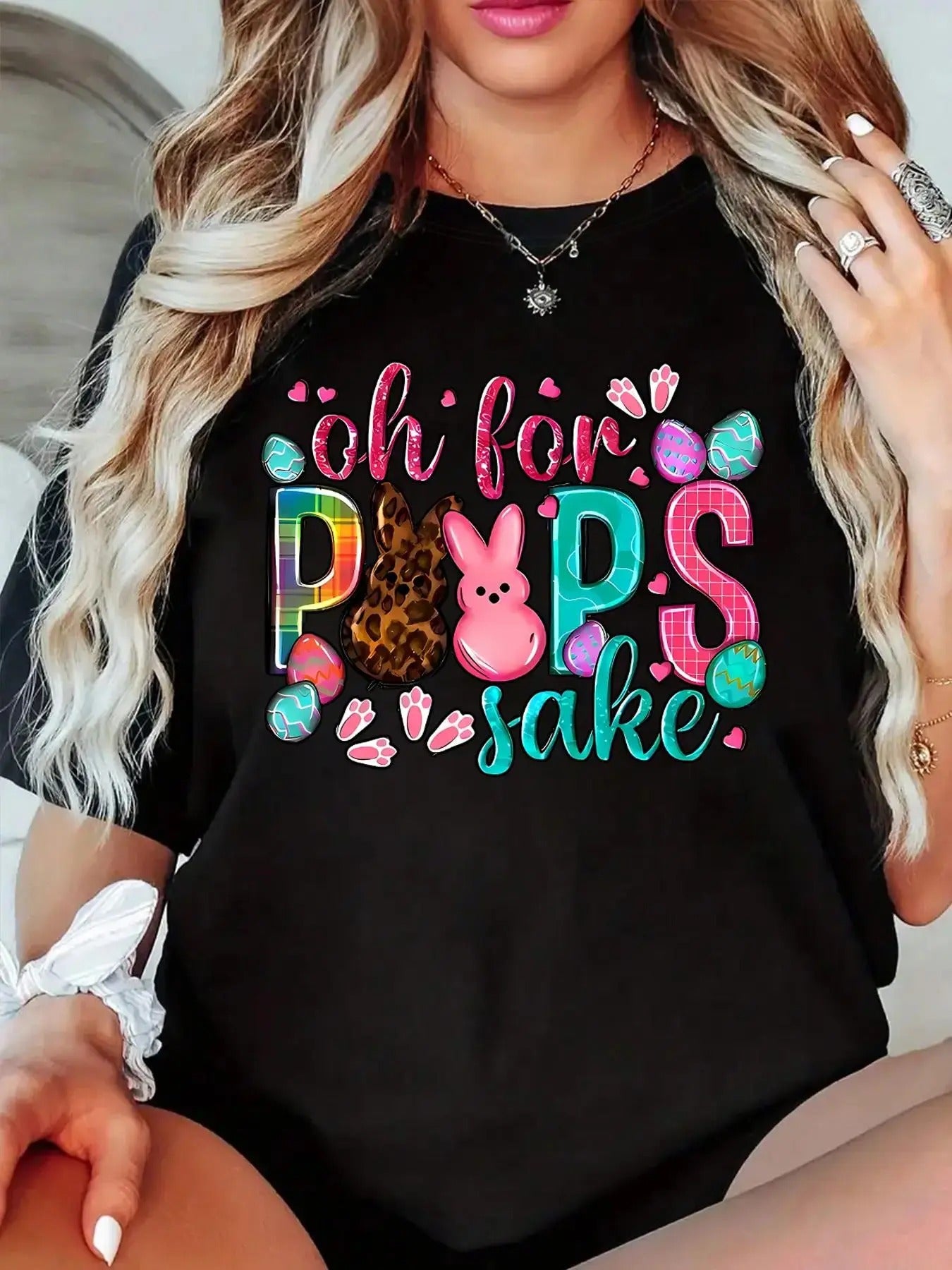 Women's Easter Cartoon Rabbit & Letter Print Round Neck Short Sleeve Tee, Fashion Casual Crew Neck T-shirt for Daily Holiday Vacation Outdoor Wear, Ladies Clothes for All Seasons