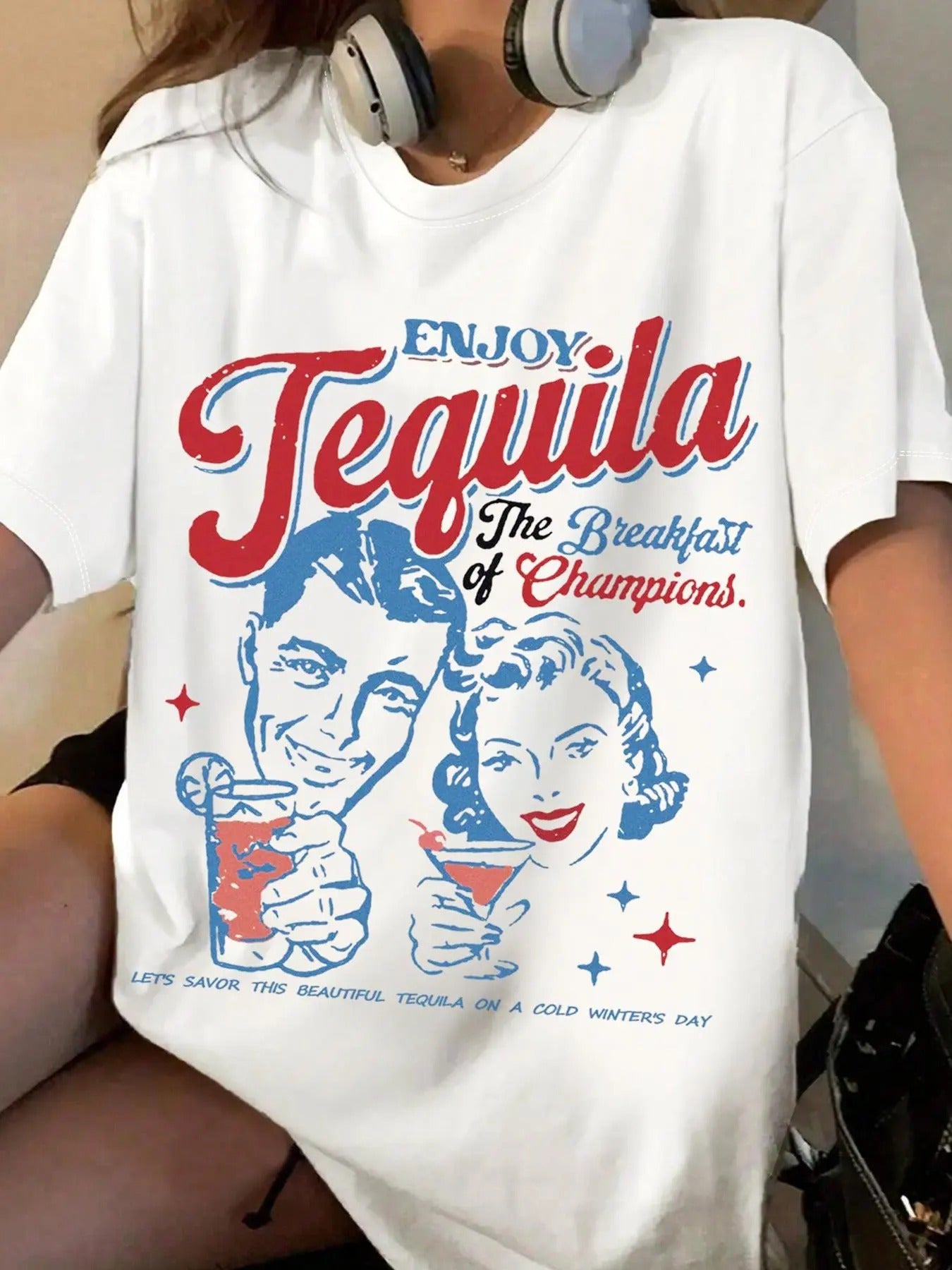 Women's Enjoy Tequila The Breakfast Of Champions Graphic Round Neck Tee, Vintage Trendy Casual Short Sleeve T-shirt for Daily Wear, Ladies All Seasons Outfit