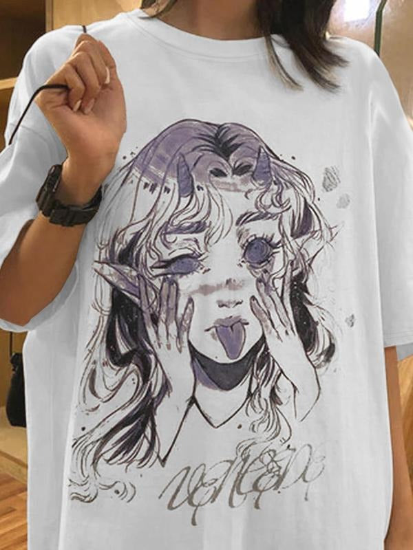 Women's Face Print Round Neck Graphic Tee, Casual Short Sleeve T-Shirt for Daily Wear, Ladies All Seasons