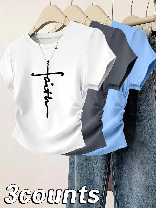 Women's Faith Letter Print Round Neck Tee, Casual Short Sleeve Crew Neck T-shirt for Daily Wear, Ladies Clothes for All Seasons, Top