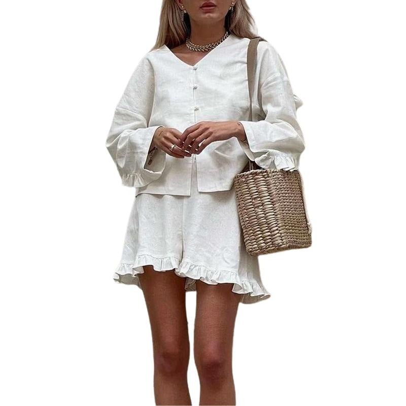 Women's Fall Outfit, Solid Color V Neck Long Sleeve Tops Elastic Waist Ruffle Shorts 2 Piece Casual Set Lady Womenswear...