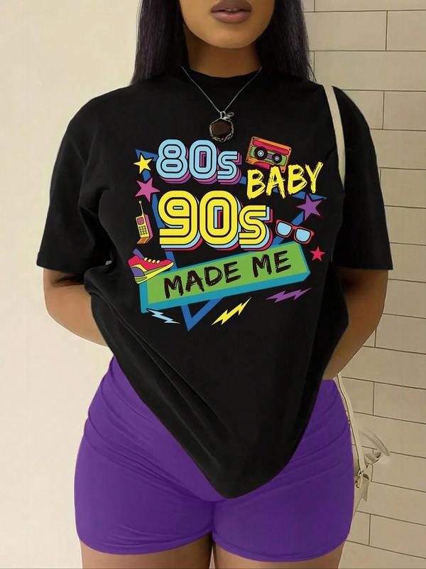 Women's Figure & Letter Print Drop Shoulder Tee, Street Fashion Casual Short Sleeve Round Neck T-Shirt for Daily Holiday Vacation Outdoor Wear, Ladies Clothes for Summer, Summer Clothes