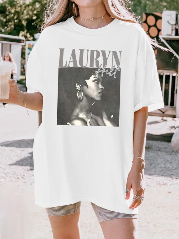 Women's Figure & Letter Print Round Neck Graphic Tee, Vintage Trendy Casual Short Sleeve T-shirt for Daily Wear, Ladies...