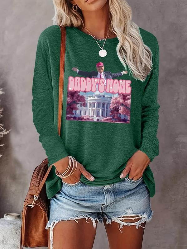 Women's Figure & Letter Print Round Neck T-shirt, Casual Long Sleeve Crew Neck T-shirt for Spring & Fall, Fashion Women's Top for Daily Wear