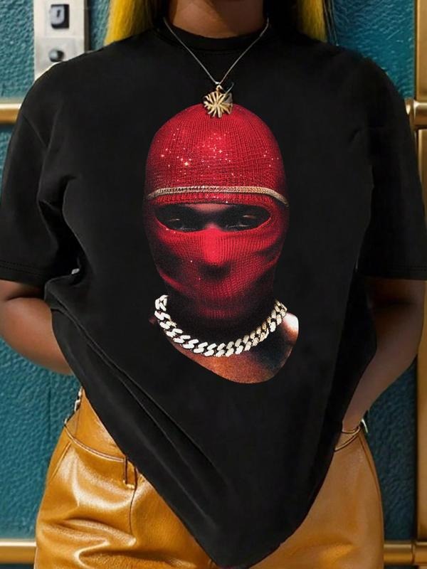 Women's Figure Print Drop Shoulder Tee, Fashion Casual Crew Neck Half Sleeve T-Shirt for Daily Holiday Vacation Outdoor Wear, Ladies Clothes for All Seasons