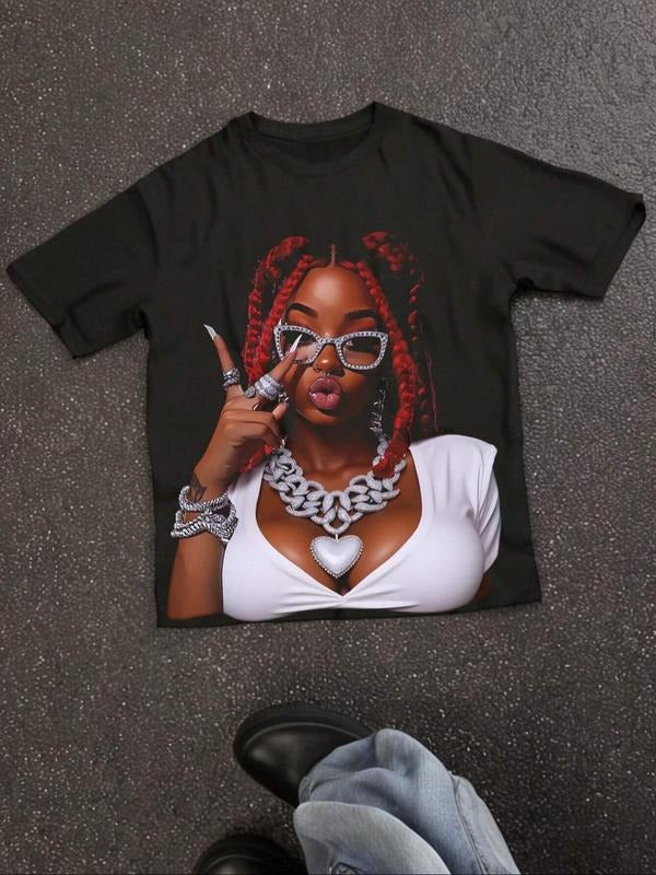 Women's Figure Print Round Neck Tee, Fashion Casual Crew Neck Short Sleeve T-shirt for Daily Holiday Vacation Outdoor Wear, Ladies Clothes for Summer