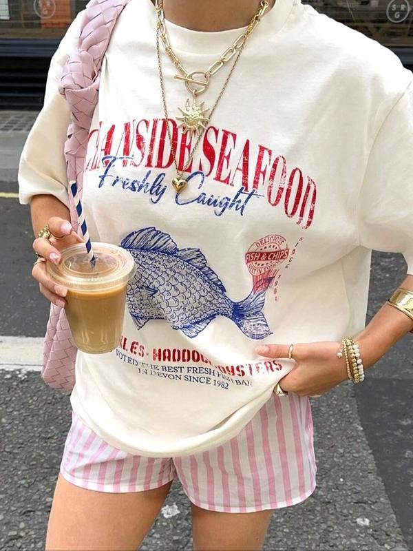 Women's Fish & Letter Print Drop Shoulder Tee, Casual Half Sleeve Round Neck T-shirt for Summer, Fashion Women's Top for Daily Wear
