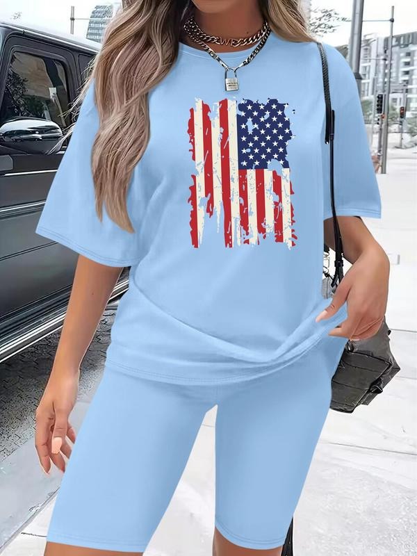 Women's Flag Print Tee & Shorts Set, Casual Short Sleeve T-shirt & Skinny Shorts, Women's Clothing for Daily Wear, Suits...