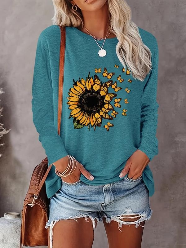 Women's Floral & Butterfly Print Round Neck Tee, Casual Long Sleeve Crew Neck T-shirt for Fall & Winter, Women's Clothes for Daily Wear