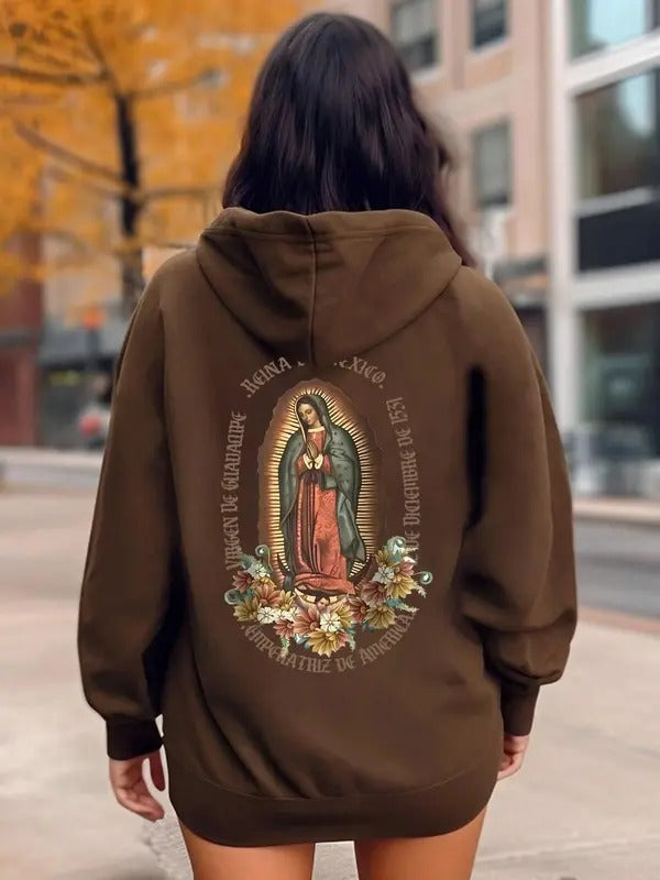 Women's Floral & Figure & Letter Print Drop Shoulder Hoodie, Fashion Casual Drawstring Pocket Hooded Sweatshirt for Daily Holiday Outdoor Wear, Ladies Clothes for All Seasons