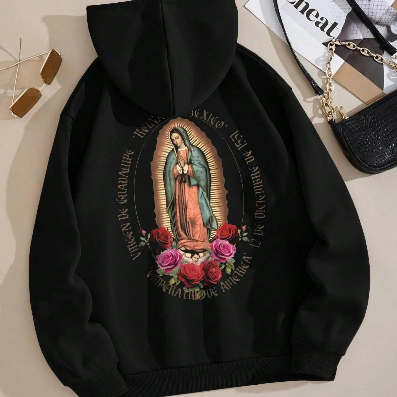 Women's Floral & Letter Print Drop Shoulder Hoodie, Fashion Casual Drawstring Pocket Hooded Sweatshirt for Daily Holiday Outdoor Wear, Women Clothing for Fall & Winter