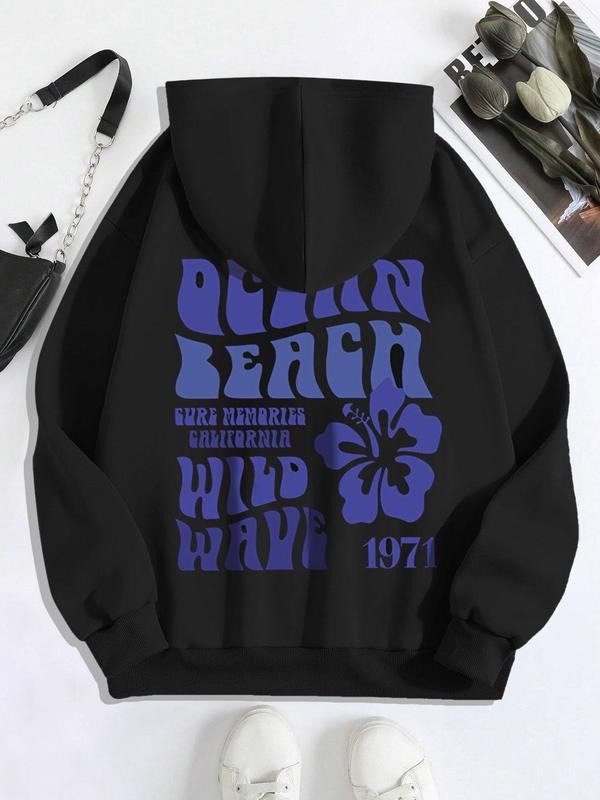 Women's Floral & Letter Print Drop Shoulder Hoodie, Fashion Casual Drawstring Pocket Hooded Sweatshirt for Daily Holiday Outdoor Wear, Women Clothing for Fall & Winterstyle{n002}2