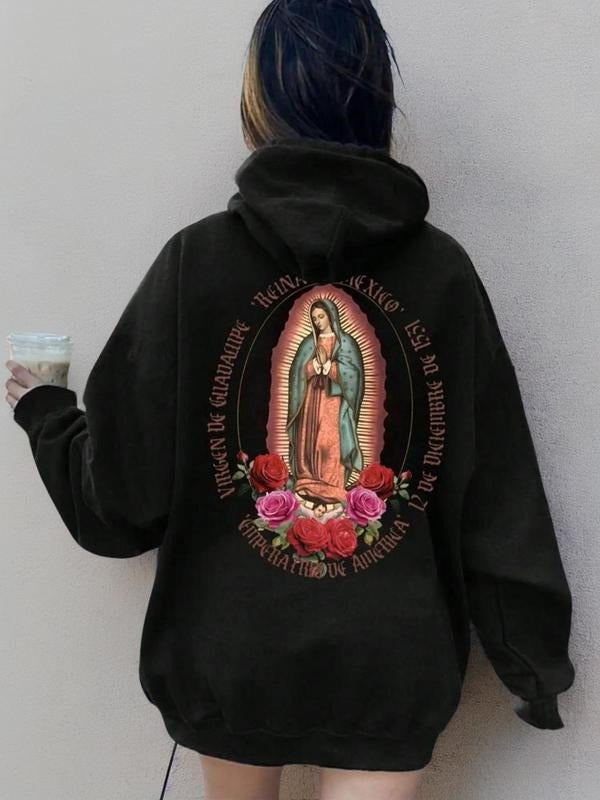 Women's Floral & Letter Print Drop Shoulder Hoodie, Fashion Casual Figure Print Drawstring Pocket Hooded Sweatshirt for Daily Holiday Outdoor Wear, Ladies Clothes for Spring & Fall