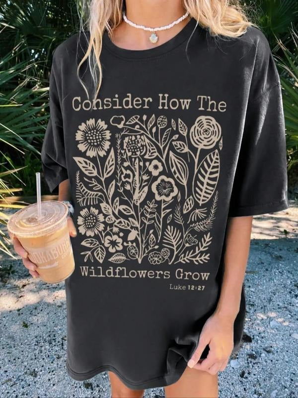 Women's Floral & Letter Print Round Neck Graphic Tee, Vintage Trendy Casual Drop Shoulder Half Sleeve T-shirt For Daily...