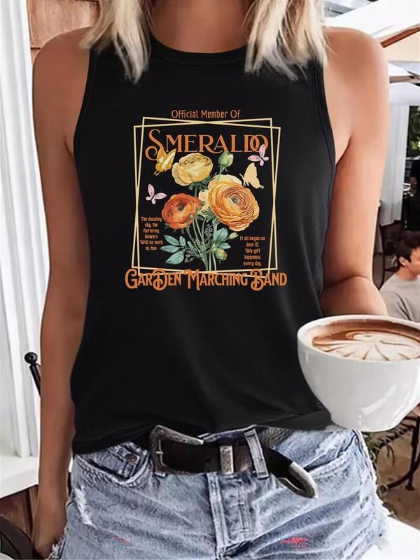 Women's Floral & Letter Print Round Neck Tank Top, Casual Sleeveless Top for Summer, Ladies Clothes for Daily Wear, Socks...