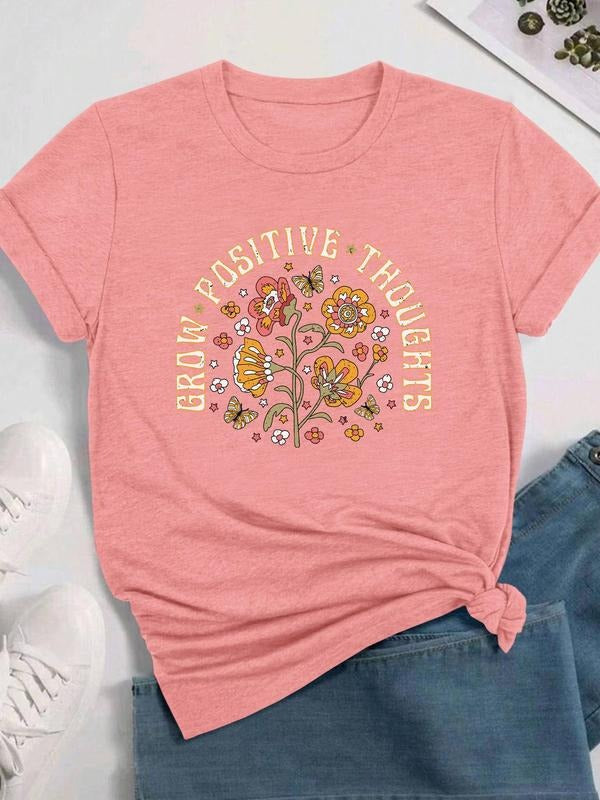 Women's Floral & Letter Print Round Neck Tee, Fashion Casual Crew Neck T-Shirt for Daily Holiday Vacation Outdoor Wear, Ladies Clothes for All Seasonsstyle{n002}2