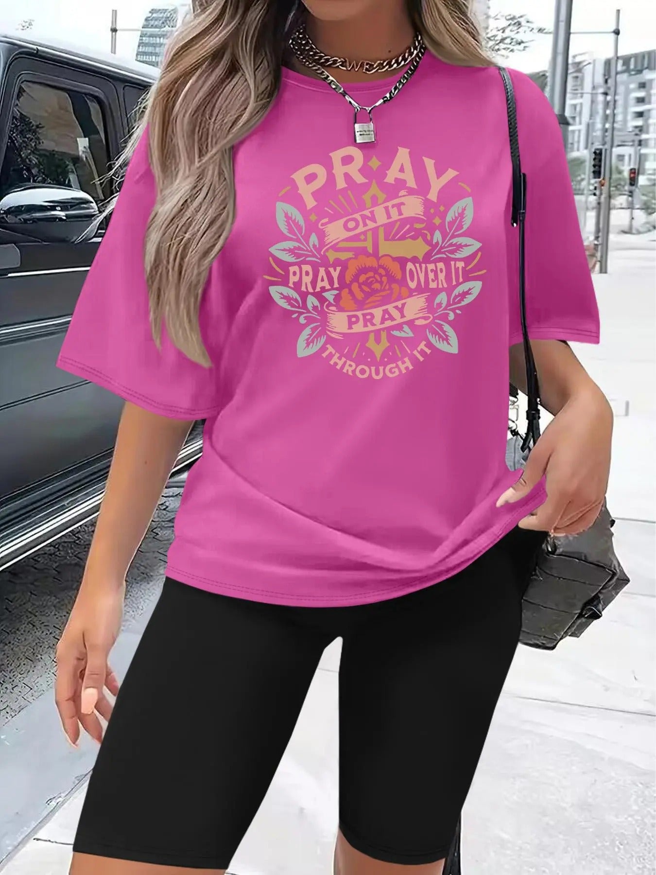 Women's Floral & Letter Print Tee & Skinny Shorts Two-Piece Set, Casual Fashion Cozy Round Neck Short Sleeve T-Shirt &...