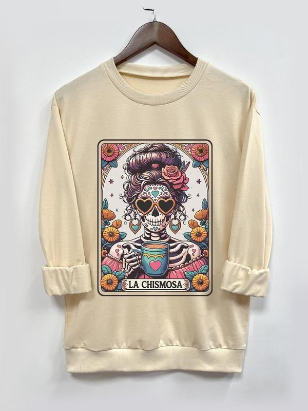 Women's Floral & Skull Print Drop Shoulder Sweatshirt, Fashion Casual Long Sleeve Round Neck Pullover for Daily Holiday Outdoor Wear, Women Clothing for Fall & Winter