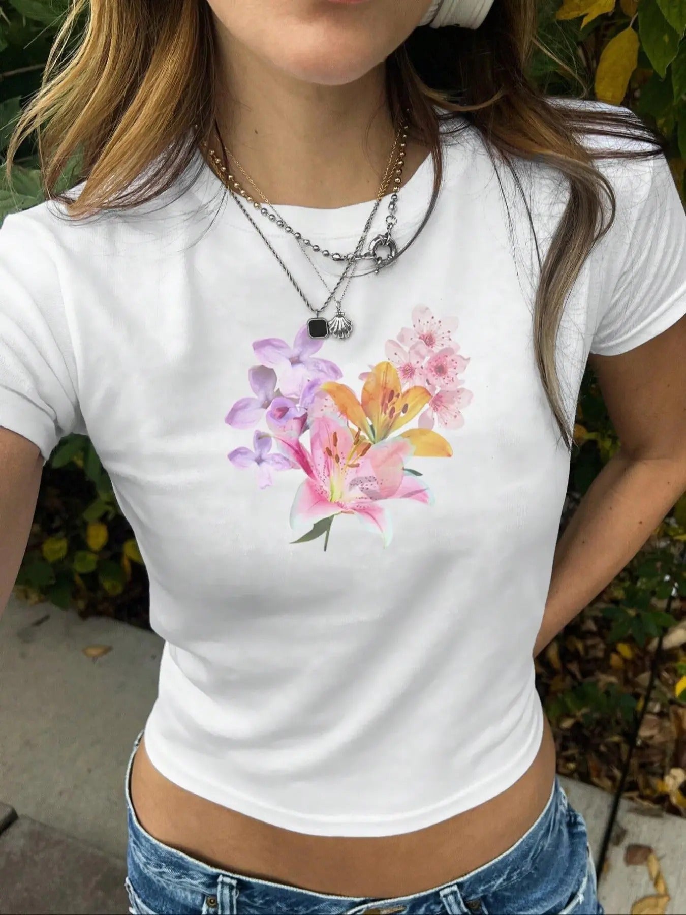 Women's Floral Print Round Neck Crop Tee, Casual Slim-fitting Short Sleeve T-shirt, Ladies Summer Clothes for Daily Wear