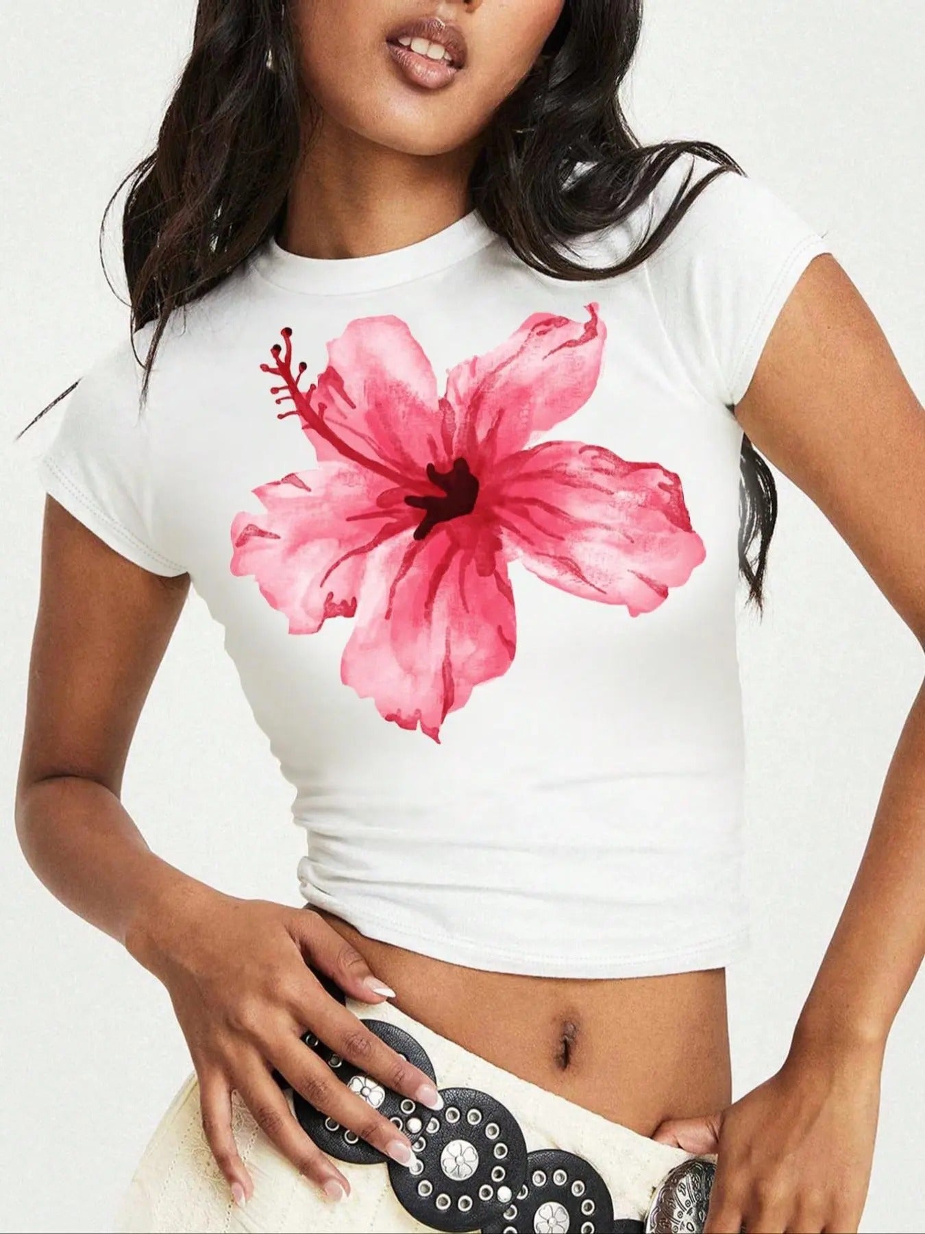 Women's Floral Print Round Neck Crop Tee, Y2K Casual Short Sleeve Crew Neck T-Shirt for Summer, Fashion Women's Top for Daily Wear
