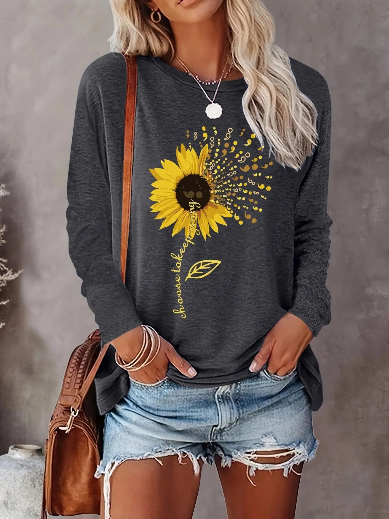 Women's Floral Print Round Neck Tee, Casual Long Sleeve Crew Neck Top for Fall & Winter, Women's Clothes for Daily Wear