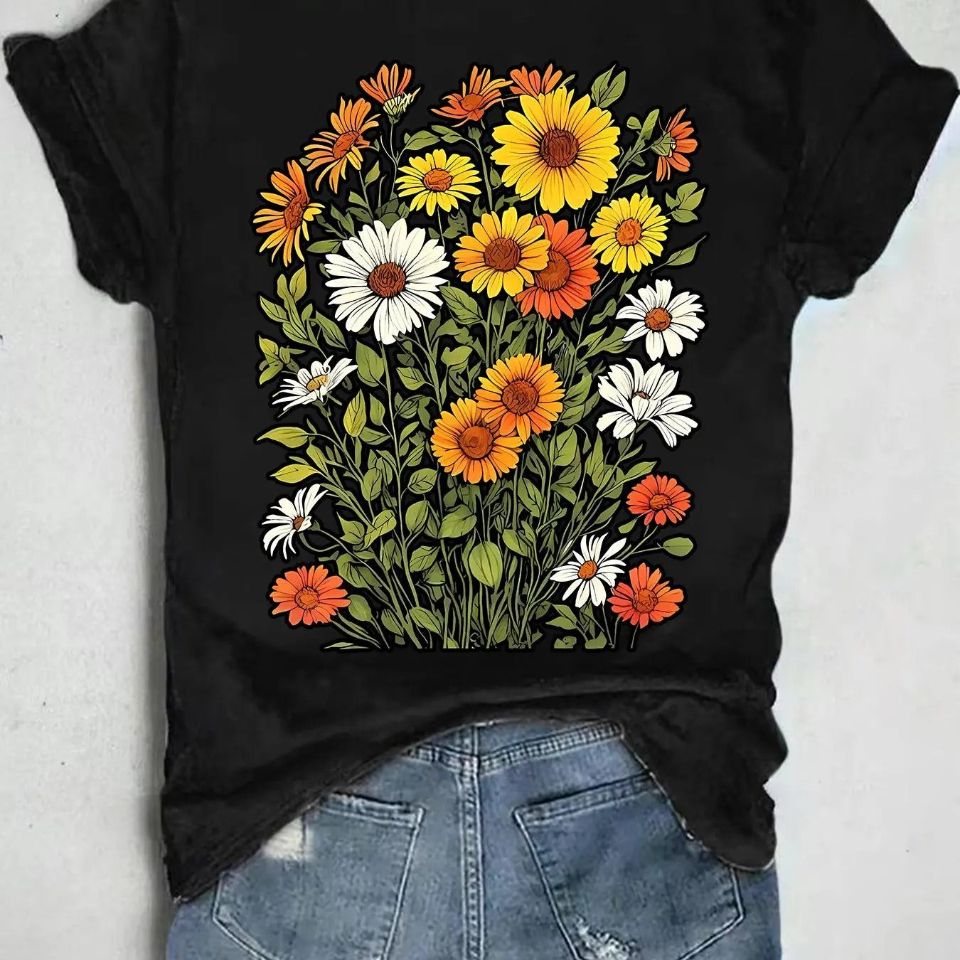 Women's Floral Print Round Neck Tee, Fashion Casual Crew Neck Short Sleeve T-Shirt for Daily Holiday Vacation Outdoor Wear, Ladies Clothes for All Seasons