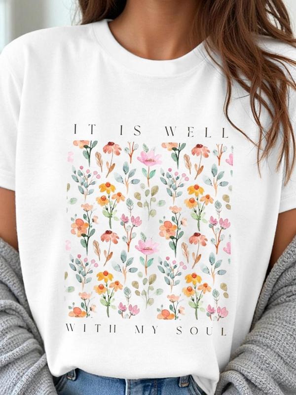 Women's Floral Print Round Neck Tee, Trendy Casual Crew Neck Short Sleeve T-Shirt for Daily Wear, Ladies Summer, Top