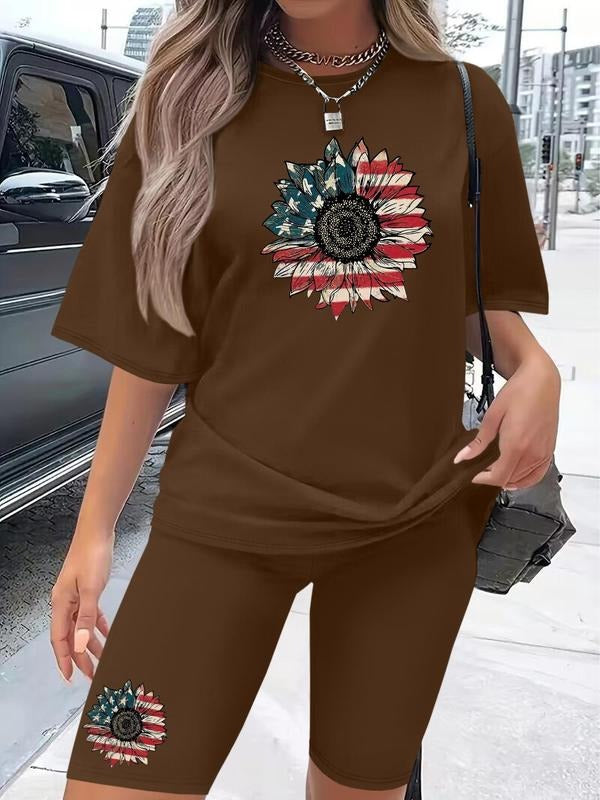 Women's Floral Print Short Sleeve Tee & Skinny Shorts Two-piece Set, Casual Round Neck T-shirt & Short Leggings, Ladies Clothes for Daily Wear, Suits