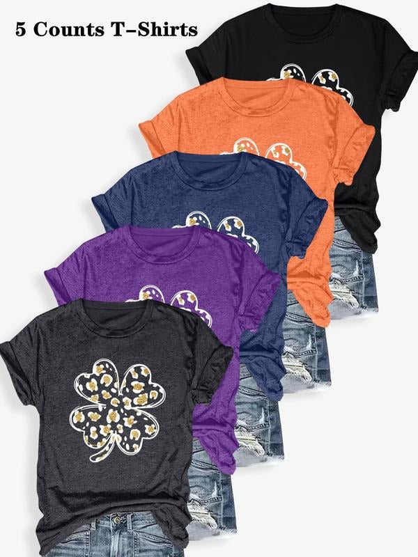 Women's Four-leaf Clover Print Round Neck Tee, Casual Short Sleeve Crew Neck T-shirt for Summer, Fashion Women's Top for Daily Wear