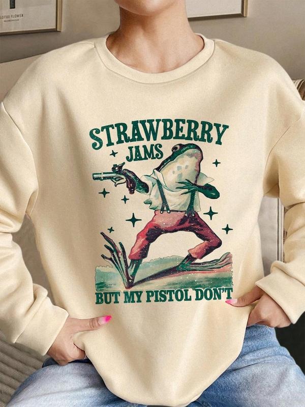 Women's Frog Print Crew Neck Sweatshirt, Fashion Casual Long Sleeve Pullover, Women's Top for Fall & Winter