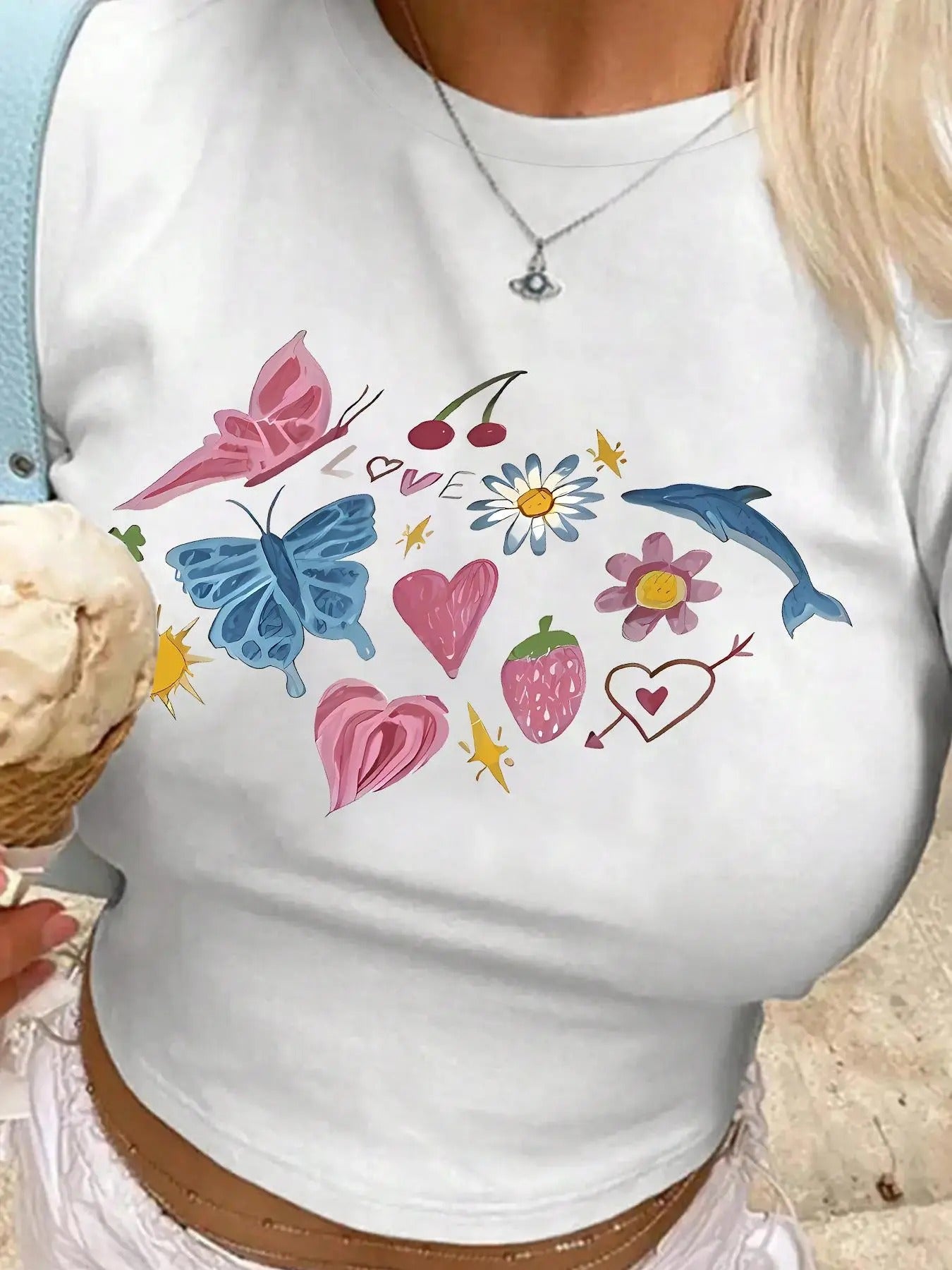 Women's Fruit & Floral & Animal Print Round Neck Crop Tee, Casual Short Sleeve T-shirt for Daily Wear, Graphic Tees,...