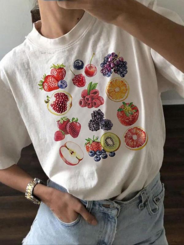 Women's Fruits Print Round Neck Tee, Casual Short Sleeve T-shirt for Summer, Ladies Clothes for Daily Wear