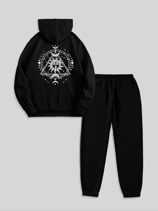 Women's Geometric Print Pocket Hoodie & Drawstring Waist Sweatpants Two-piece Set, Casual Long Sleeve Hooded Sweatshirt & Jogger Pants for Fall & Winter, Women's Clothes for Daily Wear